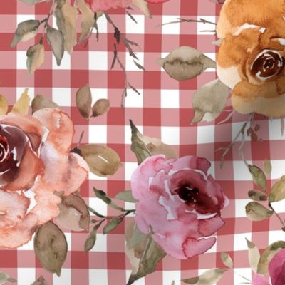 Large scale - Rusty Pink Gingham Fall Floral