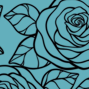 Large Rose Cutout Pattern - Aqua and Black