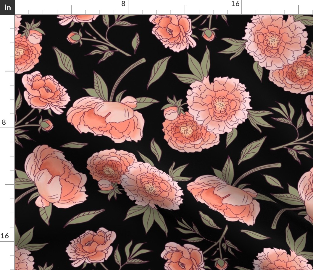 Peachy Peonies, Black