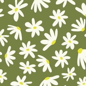 Dancing Daisies - Large, Olive, Green, Yellow, Cream, Florals, Flowers, Wildflower, Daisy