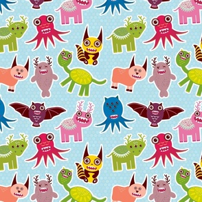 Pastel Halloween Cute cartoon Monsters kawaii animals on blue polka dot background