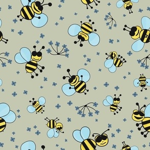 Cute and fun bumblebees pattern with blue flowers and green background