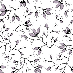 Purple Japanese magnolia tree branches with buds on white background