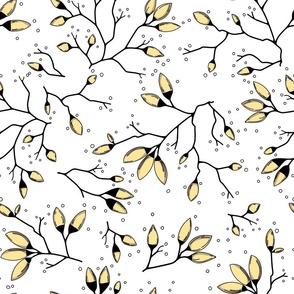 Elegant yellow floral pattern with tree branches and buds