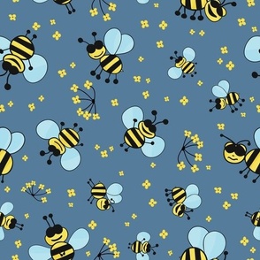 Lovable bumble bee pattern with yellow flowers on navy blue background
