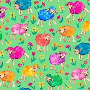 Rainbow Watercolor Sheep in Fields of Flowers - green, large