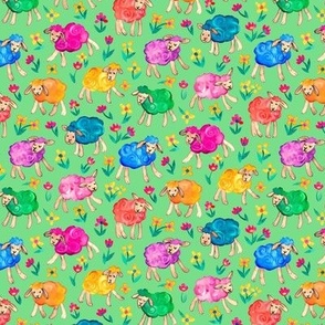 Rainbow Watercolor Sheep in Fields of Flowers - green, small