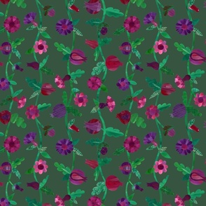 Linear Pomegranate Floral on Dark Green
