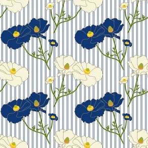 Floating Oriental Floral - navy and cream on navy stripe, medium to large 