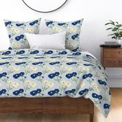 Floating Oriental Floral - navy and cream on navy & periwinkle stripe #4, medium to large 