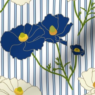 Floating Oriental Floral - navy and cream on navy & periwinkle stripe #4, medium to large 