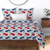 Floating Oriental Floral - navy and red on navy stripe #4, medium to large 