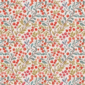 Medium Vintage Berries Leaves  on brunches Red Green on White 