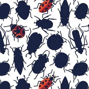 Small scale // Sneaky bugs // white background oxford blue and neon red orange shade beetles
