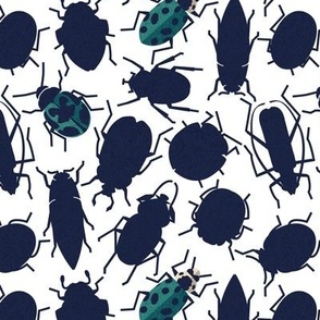 Small scale // Sneaky bugs // white background oxford blue and teal green beetles