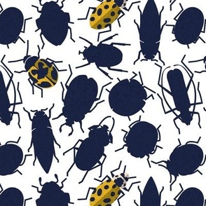 Small scale // Sneaky bugs // white background oxford blue and yellow beetles