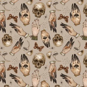 Magical skull, witch hands, mushrooms