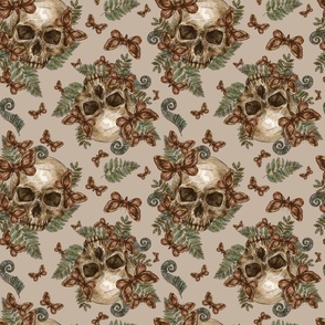 Skull vintage pattern, moth death, fern