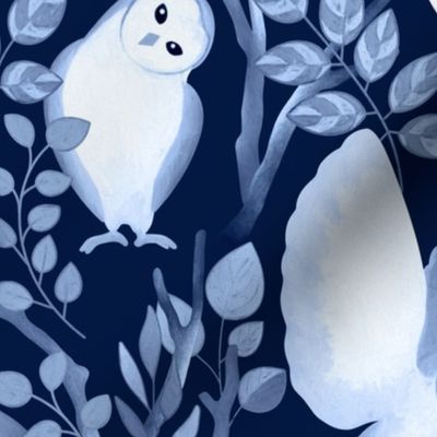 Moonlit Barn Owls - navy blue 