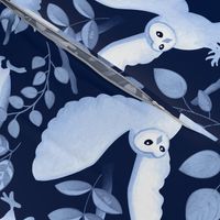 Moonlit Barn Owls - navy blue 