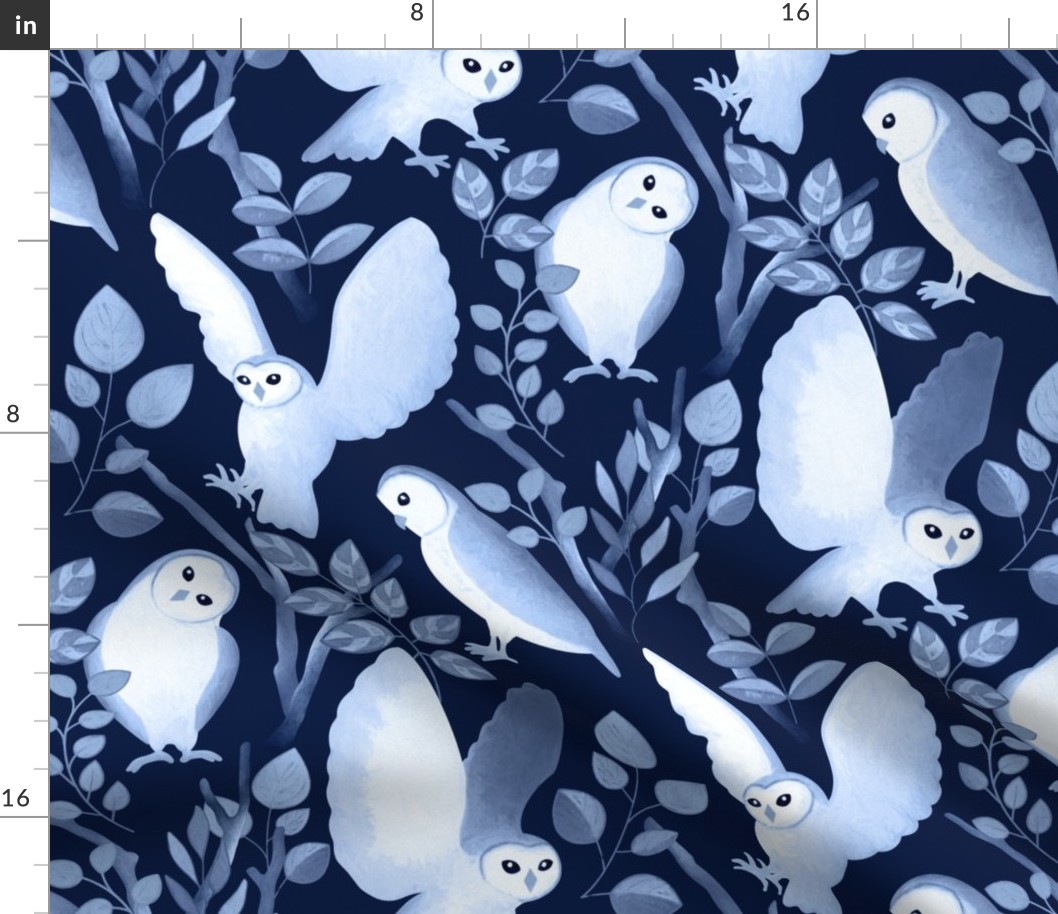 Moonlit Barn Owls - navy blue 