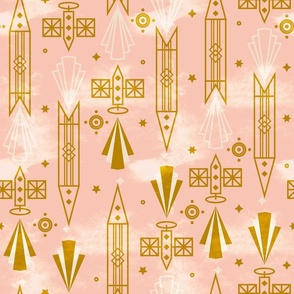 Art deco Starships Warm pink and strong gold Medium scale