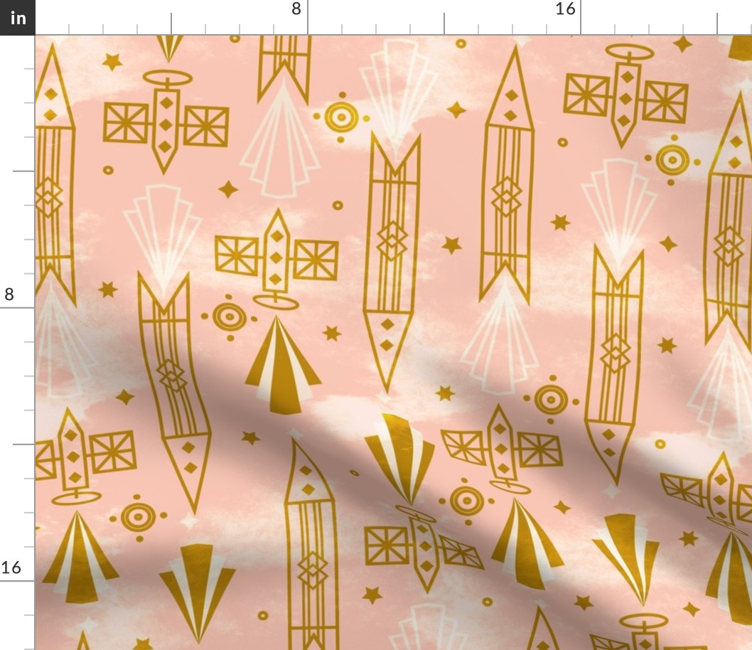 Art deco Starships Warm pink and strong gold Medium scale