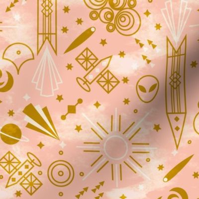 Art deco Outer Space Small scale Non directional Warm pink and strong gold