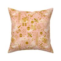 Art deco Outer Space Small scale Non directional Warm pink and strong gold