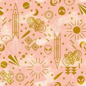 Art deco Outer Space Small scale Non directional Warm pink and strong gold