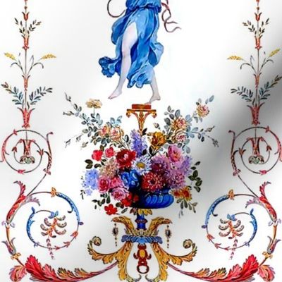 baroque rococo flowers floral leaves leaf Victorian beautiful lady woman dancer goddess roman Greek Grecian neoclassical acanthus centaur flourish festoon garland swags swirls cameo eagle heads antiques mythical long panels blue red purple green rye whe