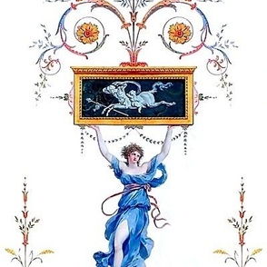 baroque rococo flowers floral leaves leaf Victorian beautiful lady woman dancer goddess roman Greek Grecian neoclassical acanthus centaur flourish festoon garland swags swirls cameo eagle heads antiques mythical long panels blue red purple green rye whe