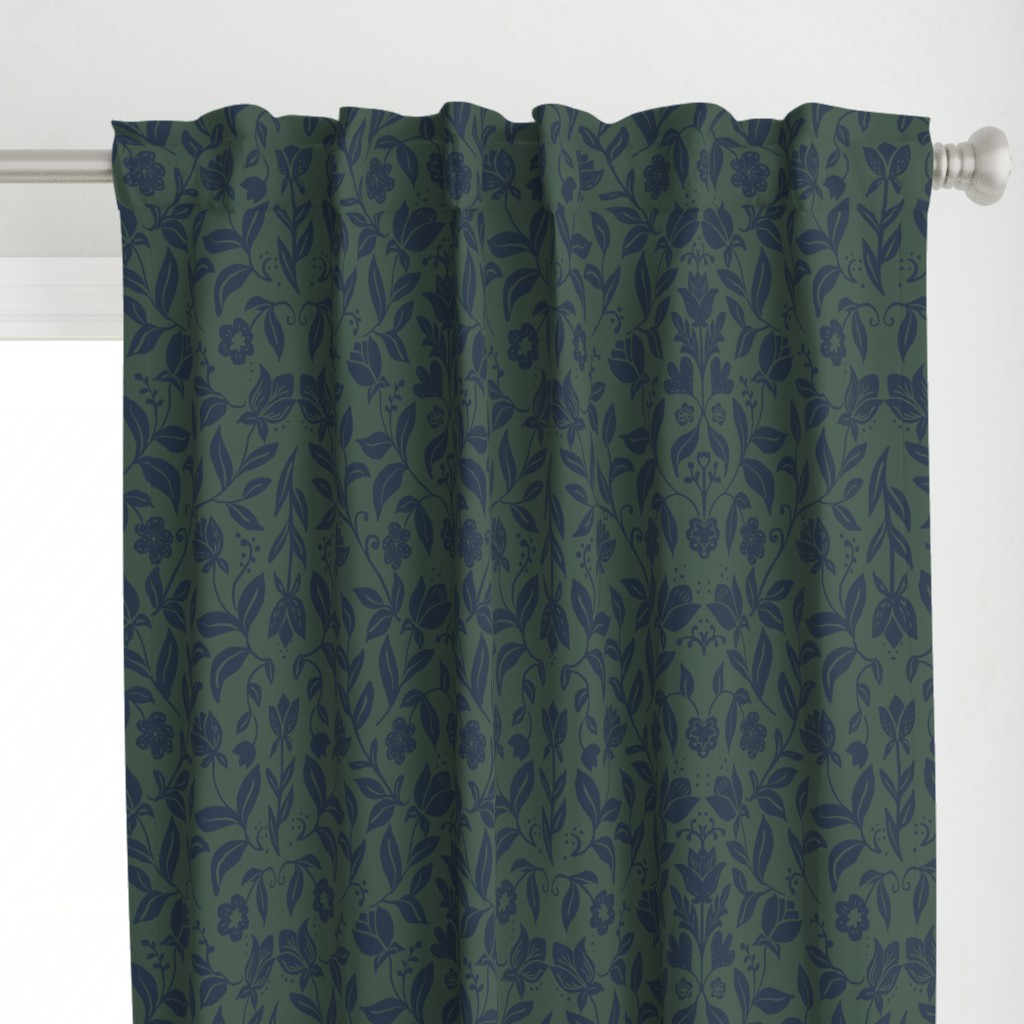  Scandinavian Tulips Wallpaper, Dark Blue on Green 20" Fabric