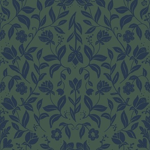  Scandinavian Tulips Wallpaper, Dark Blue on Green 20" Fabric