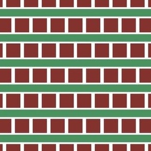 Red and white blocks on green backgound