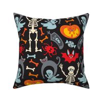 Happy Halloween Damask with Cute Skeletons Ghosts Cats Bats Spiders Jack o' Lanterns in Traditional Colours - SMALL Scale - UnBlink Studio by Jackie Tahara