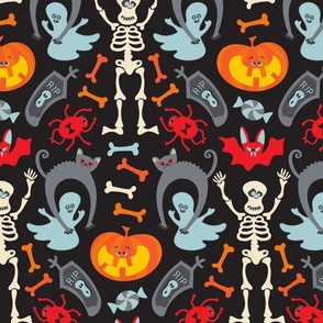 Happy Halloween Damask with Cute Skeletons Ghosts Cats Bats Spiders Jack o' Lanterns in Traditional Colours - SMALL Scale - UnBlink Studio by Jackie Tahara