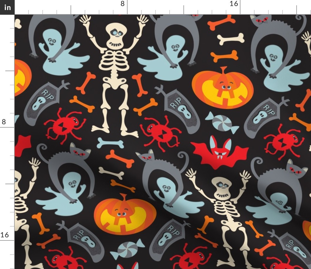 Happy Halloween Damask with Cute Skeletons Ghosts Cats Bats Spiders Jack o' Lanterns in Traditional Colours - SMALL Scale - UnBlink Studio by Jackie Tahara