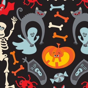 Happy Halloween Damask with Cute Skeletons Ghosts Cats Bats Spiders Jack o' Lanterns in Traditional Colours - LARGE Scale - UnBlink Studio by Jackie Tahara