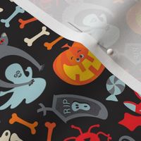 Happy Halloween Damask with Cute Skeletons Ghosts Cats Bats Spiders Jack o' Lanterns in Traditional Colours - TINY Scale - UnBlink Studio by Jackie Tahara