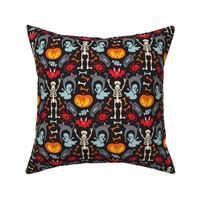 Happy Halloween Damask with Cute Skeletons Ghosts Cats Bats Spiders Jack o' Lanterns in Traditional Colours - TINY Scale - UnBlink Studio by Jackie Tahara