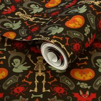 Happy Halloween Damask with Cute Skeletons Ghosts Cats Bats Spiders Jack o' Lanterns in Traditional Colours - TINY Scale - UnBlink Studio by Jackie Tahara