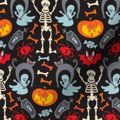 Happy Halloween Damask with Cute Skeletons Ghosts Cats Bats Spiders Jack o' Lanterns in Traditional Colours - TINY Scale - UnBlink Studio by Jackie Tahara