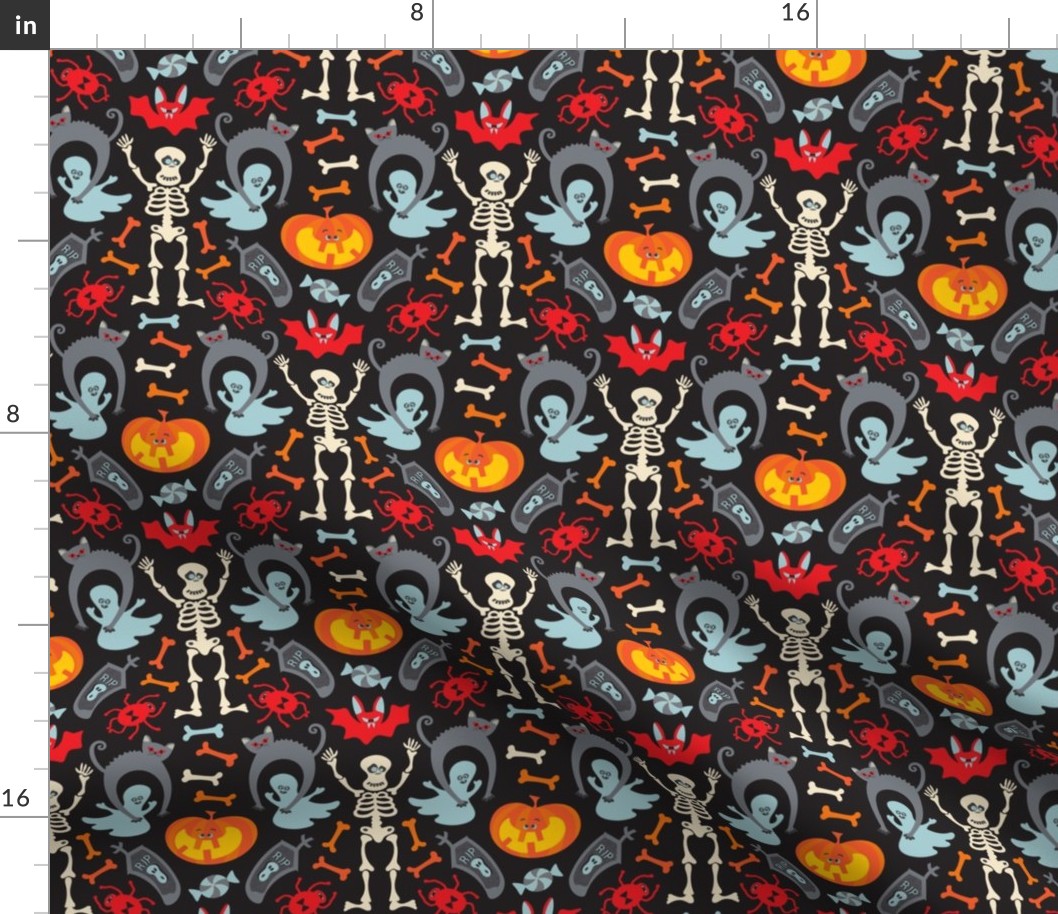 Happy Halloween Damask with Cute Skeletons Ghosts Cats Bats Spiders Jack o' Lanterns in Traditional Colours - TINY Scale - UnBlink Studio by Jackie Tahara