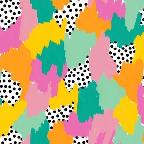 pink teal yellow orange abstract pattern with spots white base
