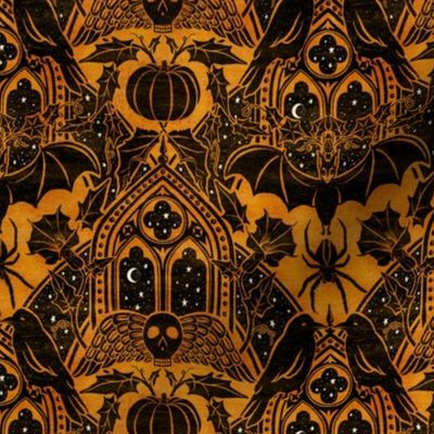 Gothic Halloween Damask - small - marigold and black 
