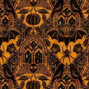 Gothic Halloween Damask - small - marigold and black 
