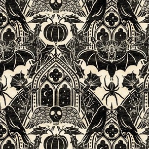 Gothic Halloween Damask - small - black and cream