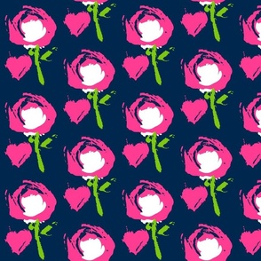 Folk Art Hearts & Flowers -  NAVY BLUE & HOT PINK