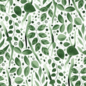 Lively Green Twigs and Leaves - on white  